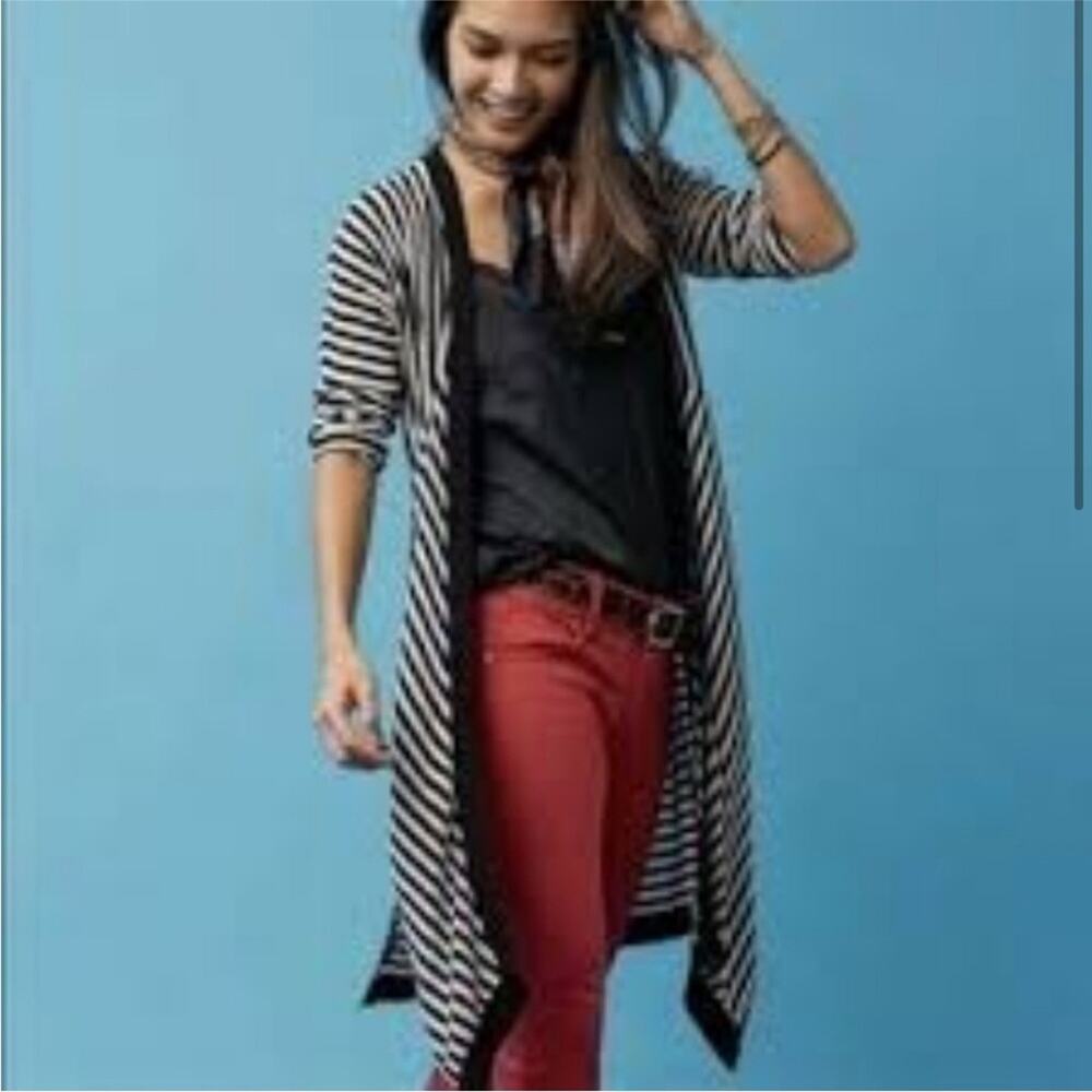 Cabi Stride black white stripe side slit open front cardigan‎ size Small #5802